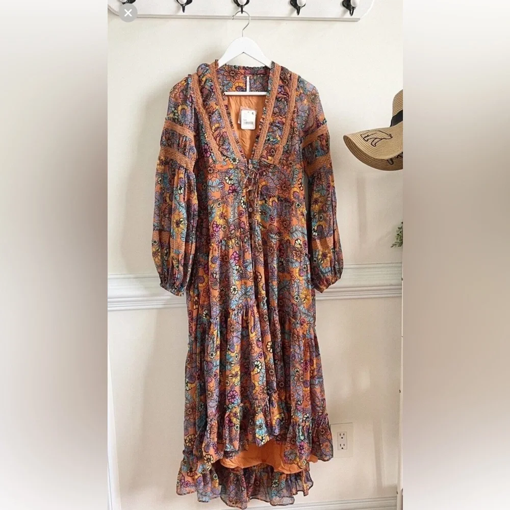 NWT FREE PEOPLE CASSIS PRINTED EMBROIDERED TIERED MAXI DRESS SIZE XS - Picture 1 of 4